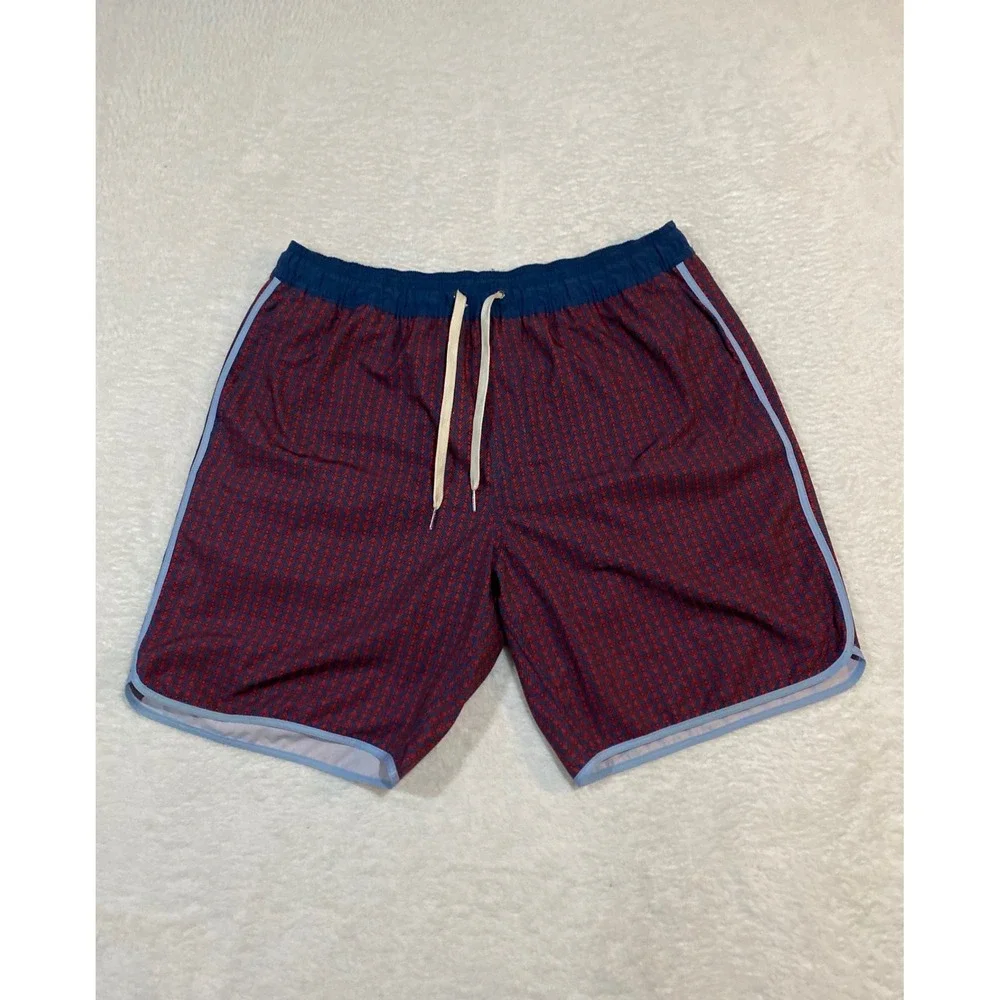 Fair Harbor Mens XL Swim Trunks Red Navy Chevron Geometric BreezeKnit Liner 7.5